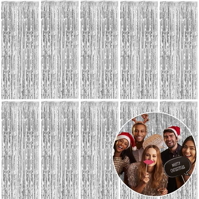 10 Pack Foil Curtain Backdrop Silver Metallic Tinsel Foil Fringe Curtains Photo Booth Props for Birthday Wedding Engagement Baby Shower Bachelorette Christmas Holiday Celebration Party