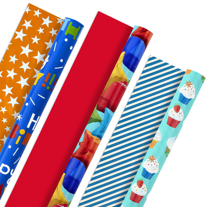 Hallmark Birthday Wrapping Paper Rolls - Balloons, Stars, Cupcakes, Blue Stripes, Solid Red Gift Wrap Paper (Set of 3 Reversible Rolls: 75 sq. ft. ttl.)