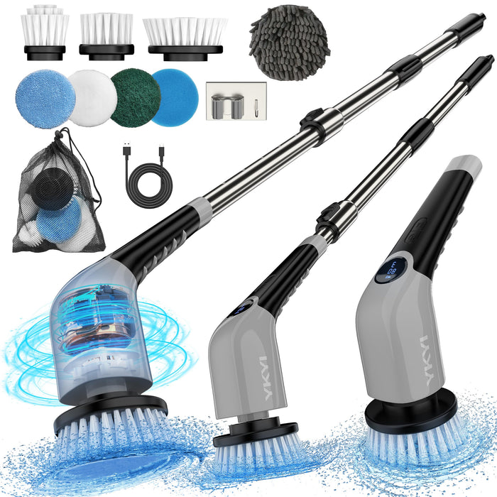 YKYI Electric Spin Scrubber,Cordless Electric Cleaning Brush,Power Scrubber with 8 Replaceable Brush Heads,3 Adjustable Speeds,Voice Broadcast,Shower Scrubber with Long Handle for Bathtub Tile Floor