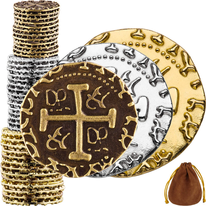Large Pirate Coins - 36 Bronze, Silver & Gold Treasure Coin Set - Metal Replica Spanish Doubloons for Halloween Pirate Party Decorations & Favors, Tokens, Cosplay - Pirate Treasure Chest - Mixed Sizes