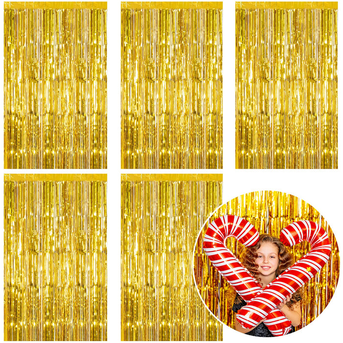 5 Pack Foil Curtain Backdrop Gold Metallic Tinsel Foil Fringe Curtains Photo Booth Props for Birthday Wedding Engagement Baby Shower Bachelorette Christmas Holiday Celebration Party Decorations