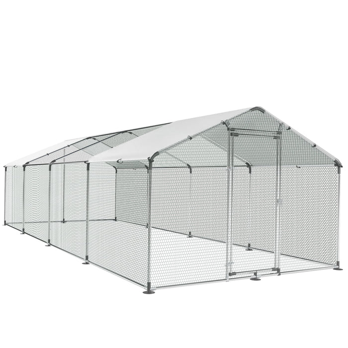 Large Metal Chicken Coop Round Top Upgrade Tri-Supporting Wire Mesh Chicken Run,Chicken Pen with Water-Resident and Anti-UV Cover,Duck Rabbit House Outdoor (Spire Roof 10’ W x 26.2’ L x 6.5’ H)