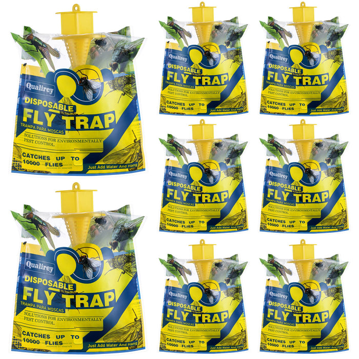 Qualirey 8 Pack Outdoor Hanging Fly Traps, Disposable Fly Killer Trap Bag Catcher for Outside Farms, Pastures, Chicken Coops, Stables, Barns, Horse, Garbage Cans, Garbage Ponds, Yard, Backyard, Patio