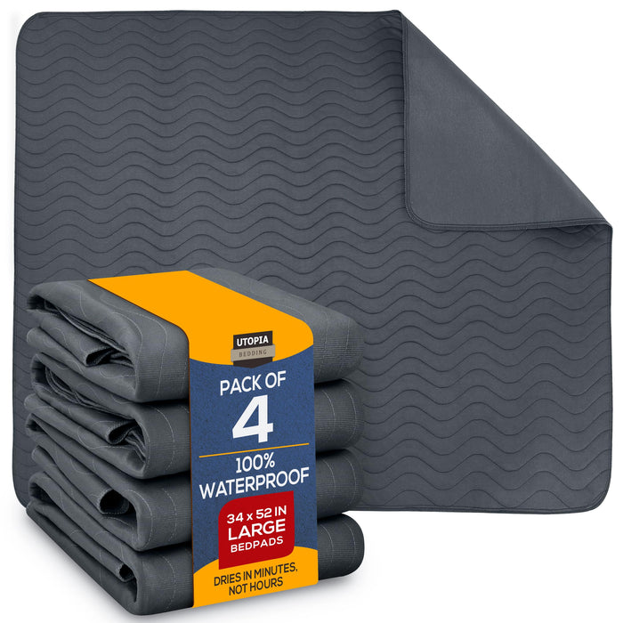 Utopia Bedding Waterproof Incontinence Bed Pads 34 x 52 Inches (Pack of 4, Gray), Washable and Reusable Underpads for Adults, Elderly and Pets, Absorbent Protective Pads