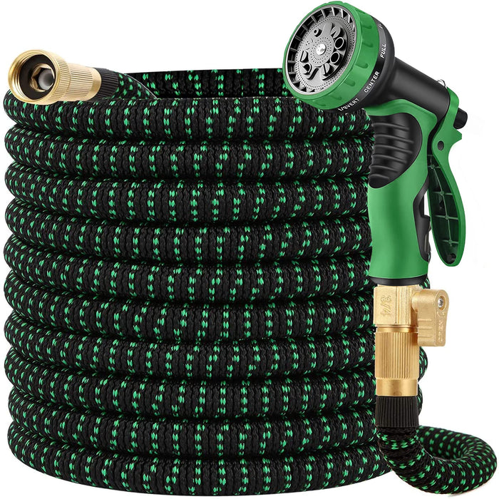 100 ft Expandable Garden Hose - All New 2024 Retractable Water Hose with 3/4" Solid Brass Fittings, Extra Strength Fabric - Flexible Expanding Hose with 10 Pattern Spray Nozzle，blackgreen