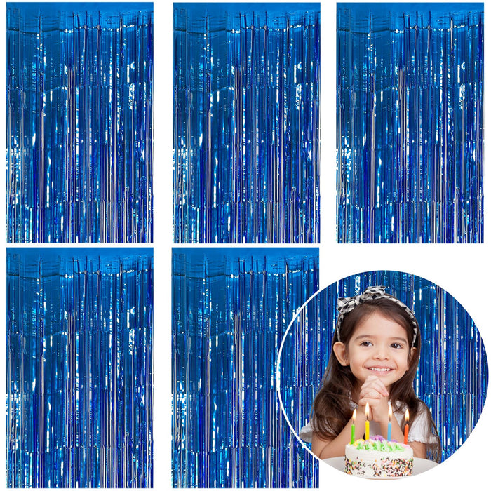 5 Pack Foil Curtain Backdrop Blue Metallic Tinsel Foil Fringe Curtains Photo Booth Props for Birthday Wedding Engagement Baby Shower Bachelorette Christmas Holiday Celebration Party Decorations