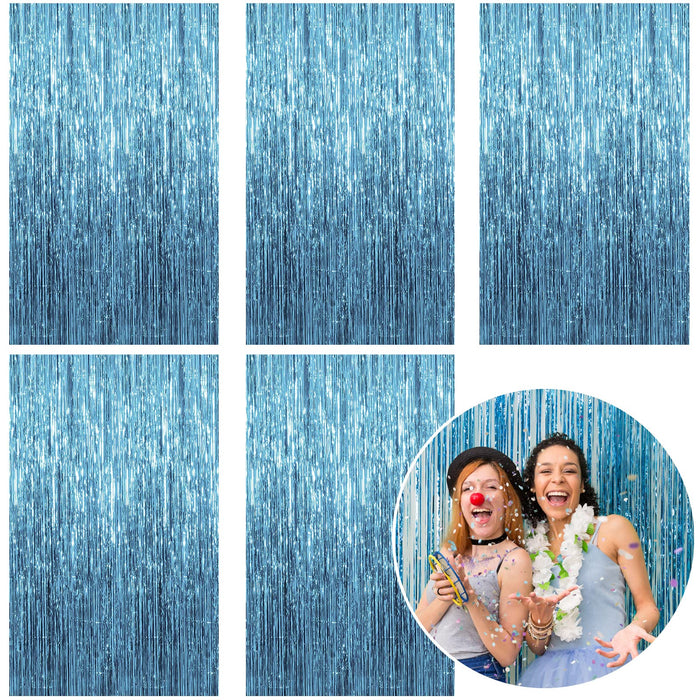 5 Pack Foil Curtain Backdrop Blue Metallic Tinsel Foil Fringe Curtains Photo Booth Props for Birthday Wedding Engagement Baby Shower Bachelorette Christmas Holiday Celebration Party Decorations