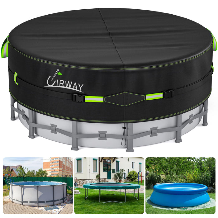 UIRWAY 10 Ft Round Pool Cover with Reflective Strips, Swimming Pool Cover for Above Ground Pools, Solar Cover Including Rope Tie and Luminous Ground Nails, PU Tarp Snug Fit for UV Protected