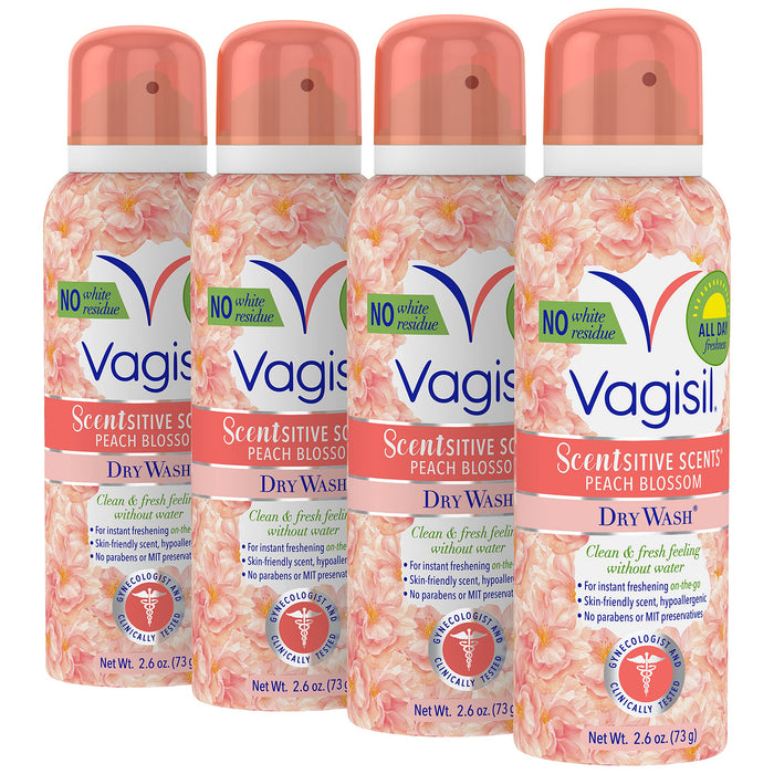 Vagisil Scentsitive Scents Feminine Dry Wash Deodorant Spray for Women, Gynecologist Tested, Paraben Free, Peach Blossom, 2.6 Ounce (Pack of 4)