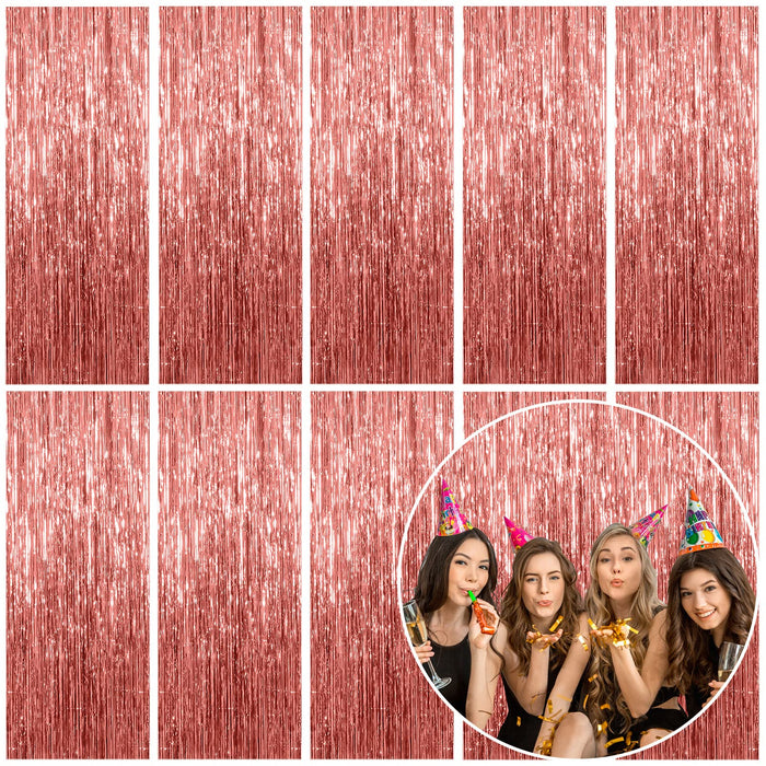 10 Pack Foil Curtain Backdrop Rose Gold Metallic Tinsel Foil Fringe Curtains Photo Booth Props for Birthday Wedding Engagement Baby Shower Bachelorette Christmas Holiday Celebration Party Decorations