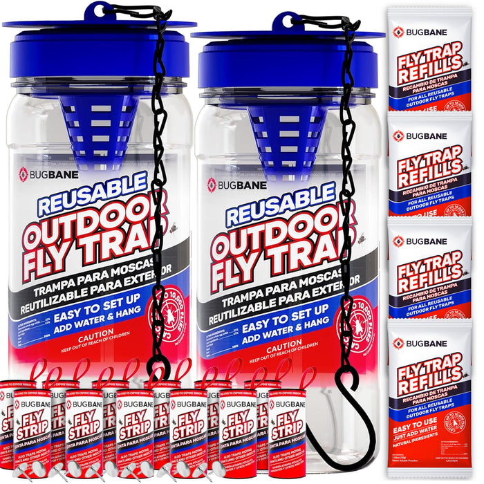 2 Fly Traps Outdoor Fly Trap for Patio with 4 Non-Toxic Dissolvable Bait Refills and 12 Sticky Ribbons. Reusable Hanging Bug Catcher Killer for All Filth Flies for Outside Bug Control Yard Ranch