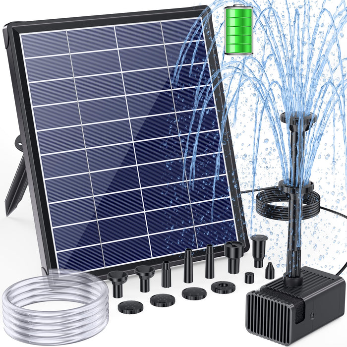 POPOSOAP 6.5W Solar Fountain Pump for Bird Bath Built-in 3000mAh Battery Backup, DIY Solar Water Fountain with Double-Layer Nozzles & Dry-Run Protection 5Ft Tubing for Ponds, Bird Bath, Water Features