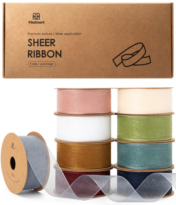Vitalizart 1" x 90Yd Organza Ribbon Mixed Color Sheer Ribbons Set 10 Yd x 9 Rolls Handmade for Gift Wrapping Christmas Tree Crafts Bows Wedding Invitations Wreaths Wrap
