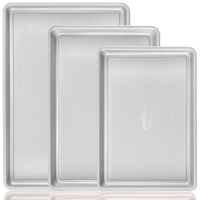 HONGBAKE Baking Sheet Pan Set, Cookie Sheets for Oven, Nonstick Half/Quarter/Jelly Roll Pans with Diamond Texture Pattern, Heavy Duty Cookie Tray, Silver