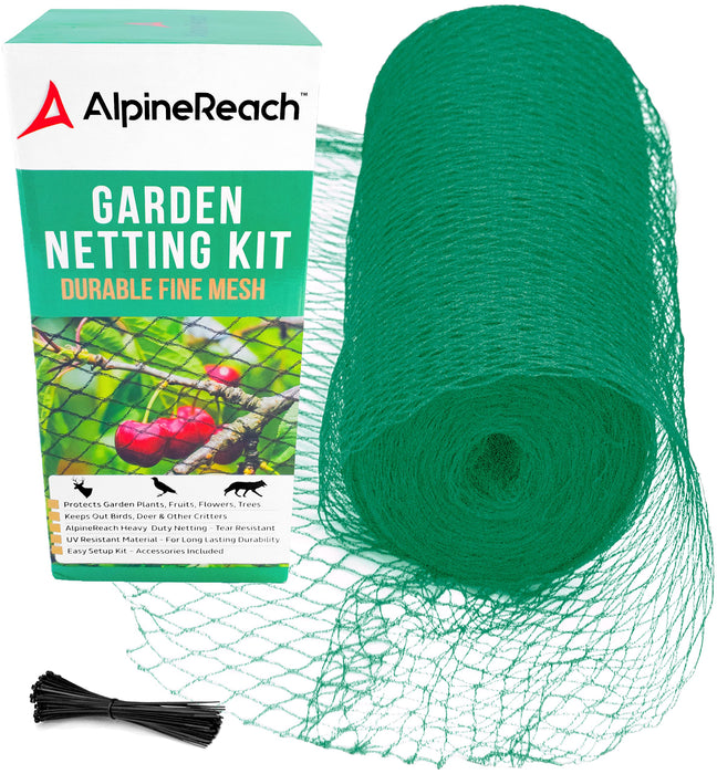 AlpineReach Garden Netting 7.5 x 100 ft Heavy Duty Bird Net, Deer, Plant Protection Extra Strong Woven Mesh, Reusable Kit with Zip Ties, Animal Fencing for Fruits Trees, Green