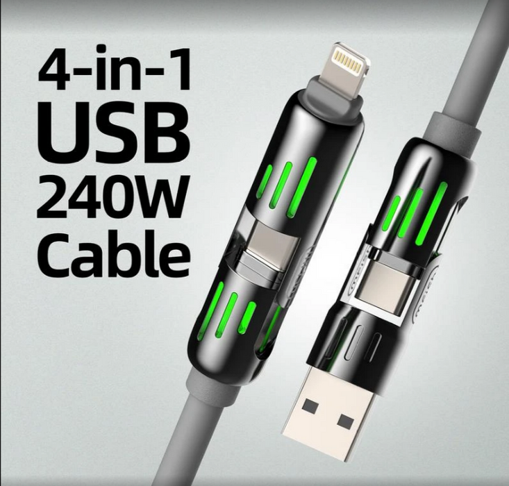 4-in-1 USB Charging Cable (+Free Storage Bag), mFish fast charging MAX 240W USB A+ TYPE C + Lightning Multi functional aluminum alloy 240W suitable for iPhone 15/14 Samsung Galaxy