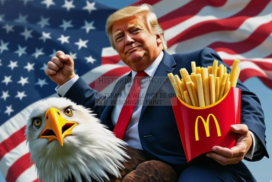 PRESIDENT DONALD TRUMP RIDING BALD EAGLE HOLDING MCDONALDS FRIES 4X6 PHOTO