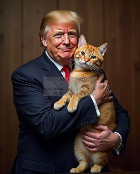 PRESIDENT DONALD TRUMP HUGGING A TABBY CAT MAGA 8X10 AI PHOTO