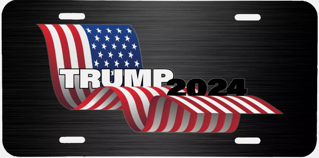 PATRIOTIC TRUMP 2024 BLACK BRUSHED STEEL LOOK ALUMINUM LICENCE PLATE TAG .040 GA
