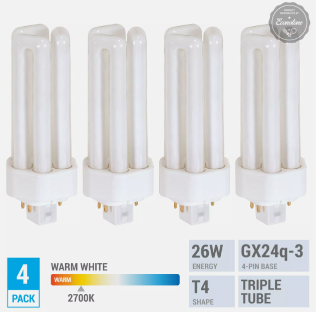 Pack CF26DT PL-T 26W F26TBX Triple Tube Bulbs T4 4-Pin GX24q-3 2700K Warm White