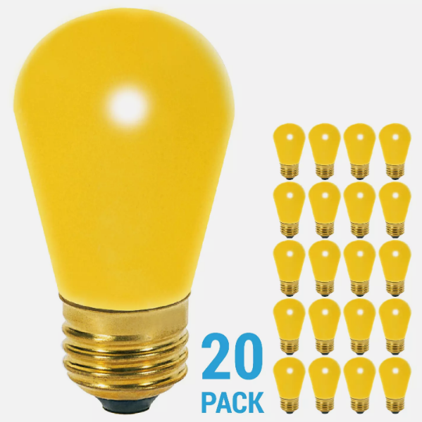 20 Pack YELLOW Patio String Light Sign Bulb 120V 11W S14 Medium E26 Base 11S14/Y