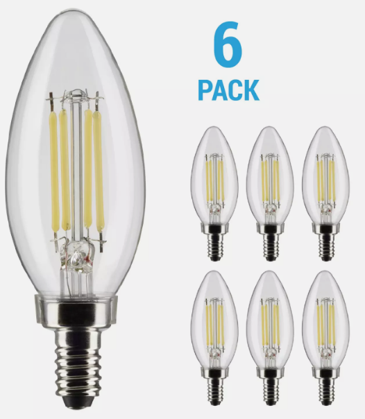 6 Pack Satco S21273 LED Filament 120V 5.5W 60W Torpedo B11 Candelabra E12 2700K