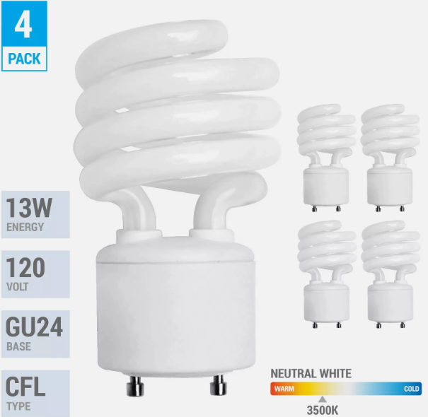 4 Pack Spiral CFL Fluorescent 13W =60W Twist and Lock GU24 3500K Neutral White