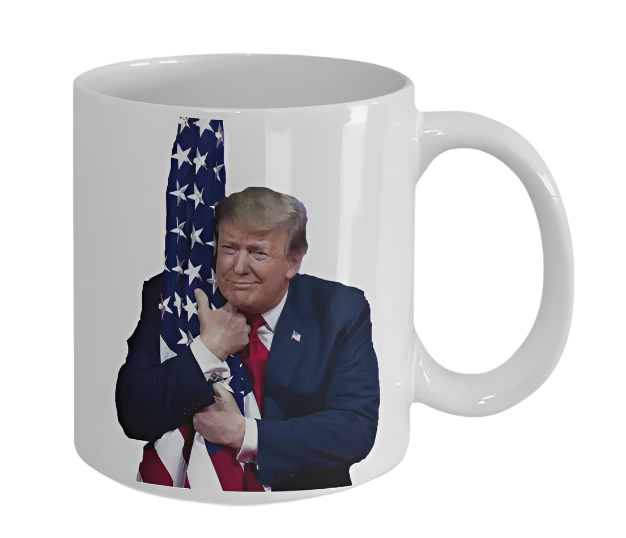 Trump Hugging Flag Mug, President Donald Trump Cup, Sonald Trump Coffee Mug, Pat - 11oz