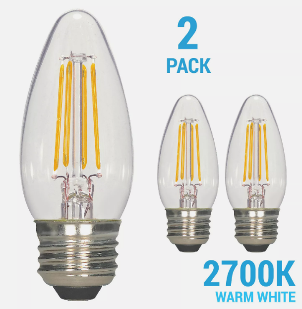 Pack Satco 120V 4.5W 40W ETC LED Clear Filament B11 Medium E26 2700K Warm White