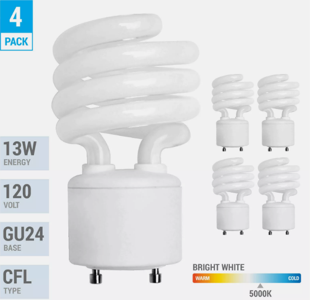 4 Pack Spiral CFL Fluorescent 13 Watt 60W Twist and Lock GU24 5000K Bright White