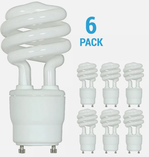 6 Pack Satco S8209 Compact Fluorescent 18W 120V T2 Spiral Bulbs Twist GU24 4100K