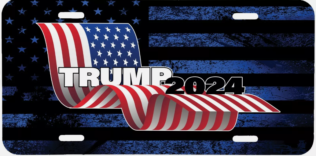 GLOSS CLEAR COAT PATRIOTIC TRUMP 2024 DISTRESSED BLUE USA FLAG LICENCE PLATE TAG