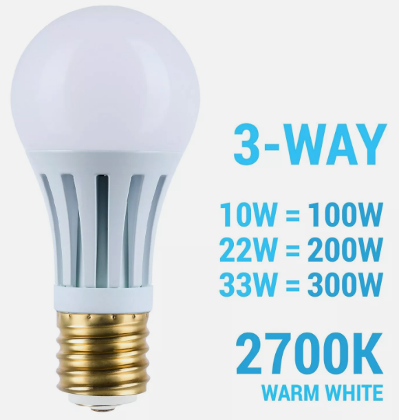 LED 120V 3-Way: 10W 22W 34W =100W 200W 300W PS25 Mogul DC E39d 2700K Warm White