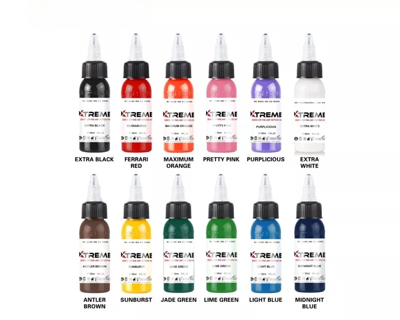 XTREME 12 COLOR PRIMARY SET 1/2oz Pigment Tattoo Ink