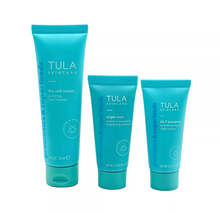 TULA Skincare Bright Start Moisturizer Day Night Cream Cleanser 3-Pc Travel Set