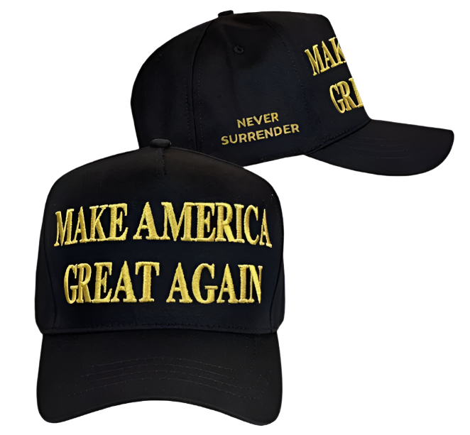 Official Trump ...GOLD DARK MAGA - NEVER SURRENDER - Hat - (Made in USA)