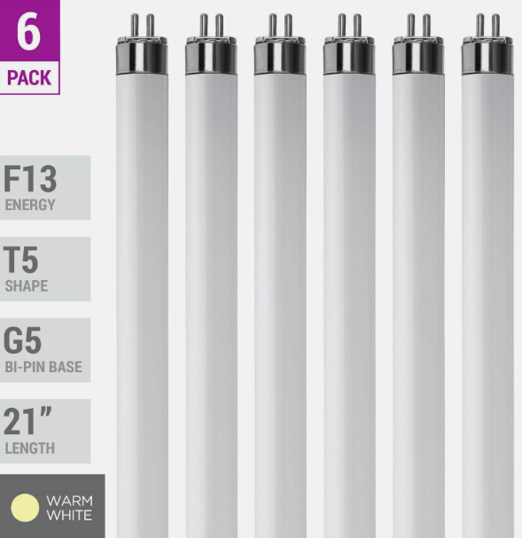 6 Pack F13T5 Fluorescent Tube 21" 13W Watt Mini Bi 2-Pin G5 3000K Warm White