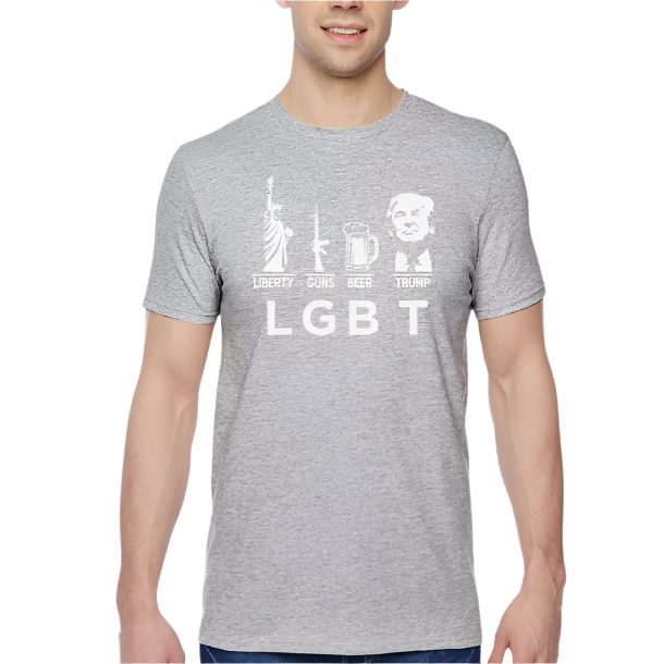 LGBT Liberty Guns Beer Trump 2024 Presidential Political Men's Crewneck Gray T-shirt (M)