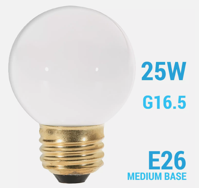 Satco S3841 Globe Gloss White Light Bulb 120V 25W G16.5 Medium E26 Dimmable