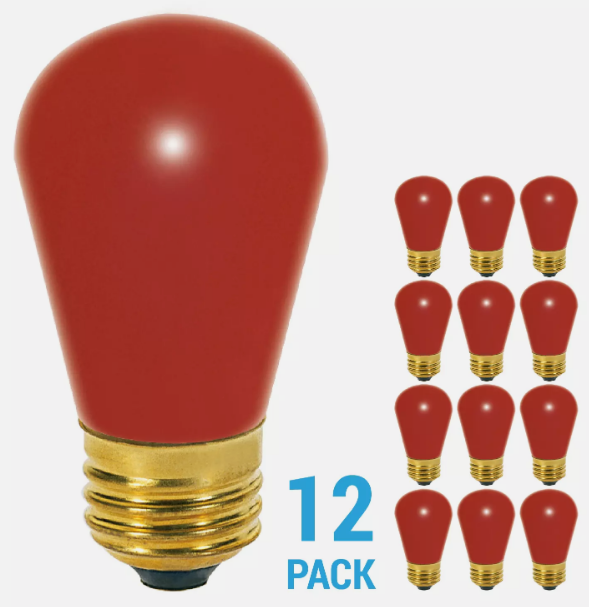 12 Pack RED Patio String Light Sign Bulb 120V 11W S14 Medium E26 Base 11S14/R