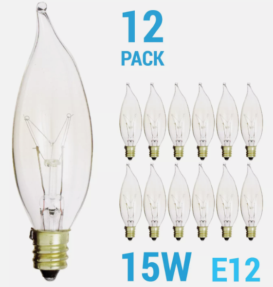 12 Pack 15CFC Chandelier 15W Watt 120V CA10 Flame Tip Candelabra E12 Clear