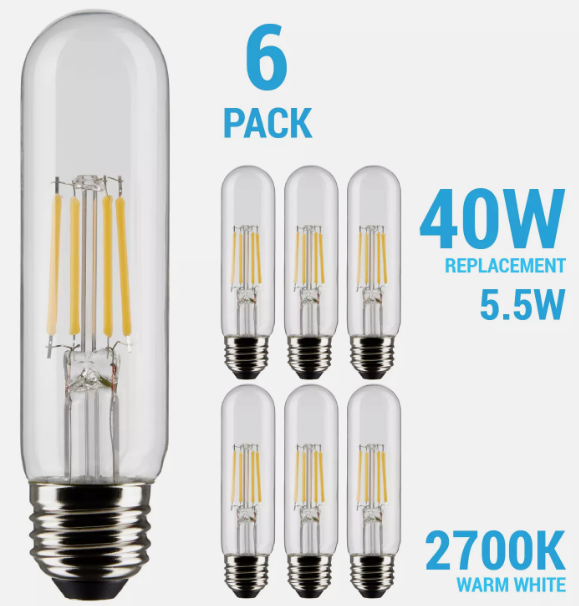 6 Pack Satco LED Bulbs 5.5W =40W 120V T10 Medium E26 Dimmable Clear 2700K