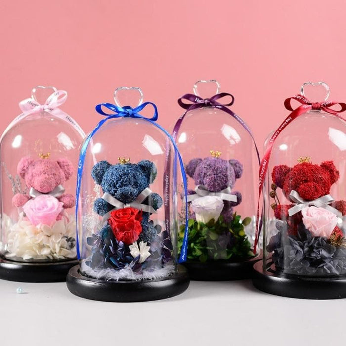 Eternal Teddy Bear Fresh Rose Flowers In Glass Dome With LED Light In A Flask Immortal Rose Valentine's Day Mother's Day Gifts