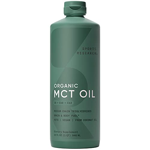SPORTS RESEARCH Keto MCT Oil from Organic Coconuts - Fatty Acid Fuel for Body + Brain Triple Ingredient C8, C10, C12 MCTs Perfect in Coffee, Tea, & More Non-GMO Vegan Unflavored (32 Oz)