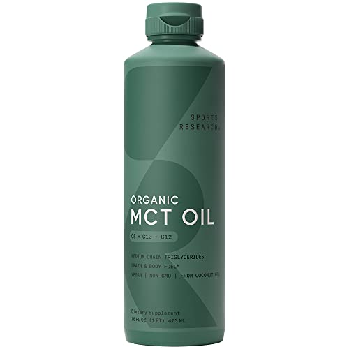 Sports Research Keto MCT Oil from Organic Coconuts - Fatty Acid Fuel for Body + Brain - Triple Ingredient C8, C10, C12 MCTs - Perfect in Coffee, Tea, & More - Non-GMO & Vegan - Unflavored (16 Oz)