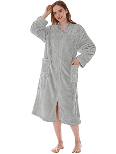 PAVILIA Womens Housecoat Zip Robe, Sherpa Zip Up Front Robe Bathrobe, Fuzzy Warm Zipper House Coat Lounger for Women Ladies Elderly with Pockets, Fluffy Fleece Long - Light Gray (Large/X-Large)