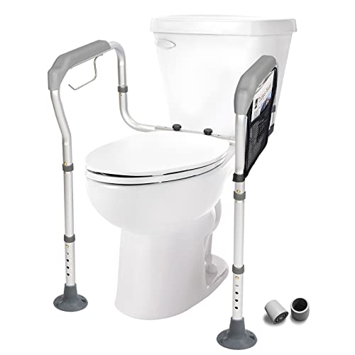 HEPO Toilet Safety Rails for Elderly Adults, Toilet Safety Frame with Arms & Storage Bag, Adjustable Height and Width, Toilet Handles for Seniors, Handicap, Disabled, 2 Additional Suction Cups