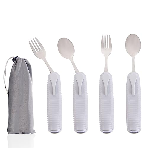 Pekokavo Adaptive Utensils Set, Angle Adjustable Arthritis Aid Silverware for Parkinsons, Hand Tremors, with Non-Slip Easy Grip Handle (4 Count (2 Spoon + 2 Fork))
