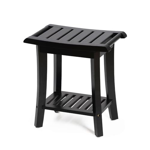 Bamboo Shower Bench Inside Shower Stool with Storage Shelf, Spa Bath Chair for Bathroom, Seat or Organizer for Living Room, Bedroom and Garden - Great for All Ages Unisex Elderly (Small, Black) …