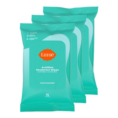 Lume Acidified Deodorant Wipes - 24 Hour Odor Control - Aluminum Free, Baking Soda Free, Skin Safe - 15 Count (Pack of 3) (Cool Cucumber)